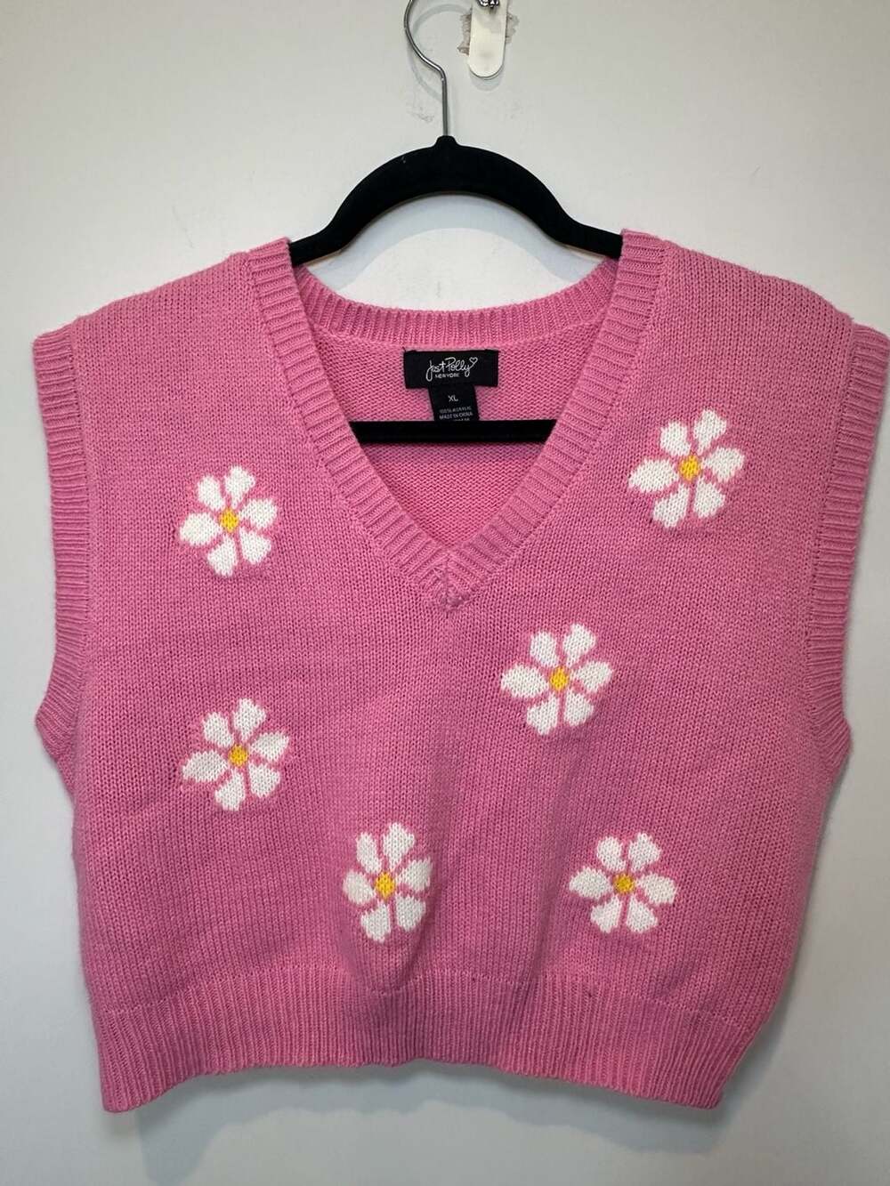 Just Polly Pink Daisy Floral V-Neck Knit Sweater Vest Size XL